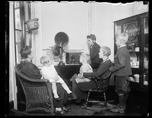 Harris & Ewing, photographer. Family Group Listening to Radio?. United States, None. [Between 1921 and 1929] [Photograph] Retrieved from the Library of Congress, https://www.loc.gov/item/2016894380/.